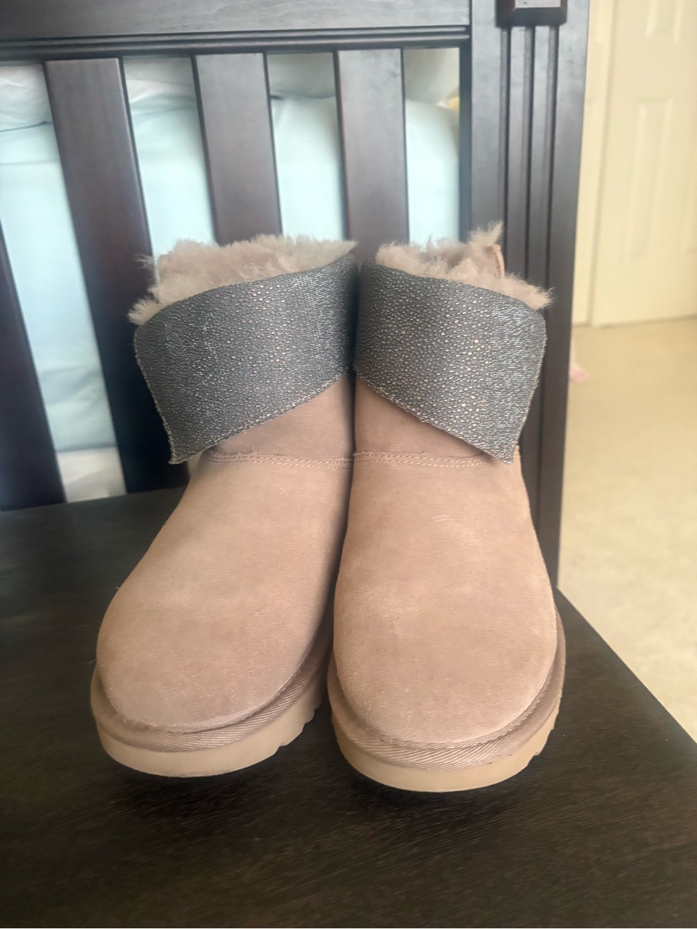 UGG Dusty Taupe Suede Ankle Booties with Sparkle Cuff